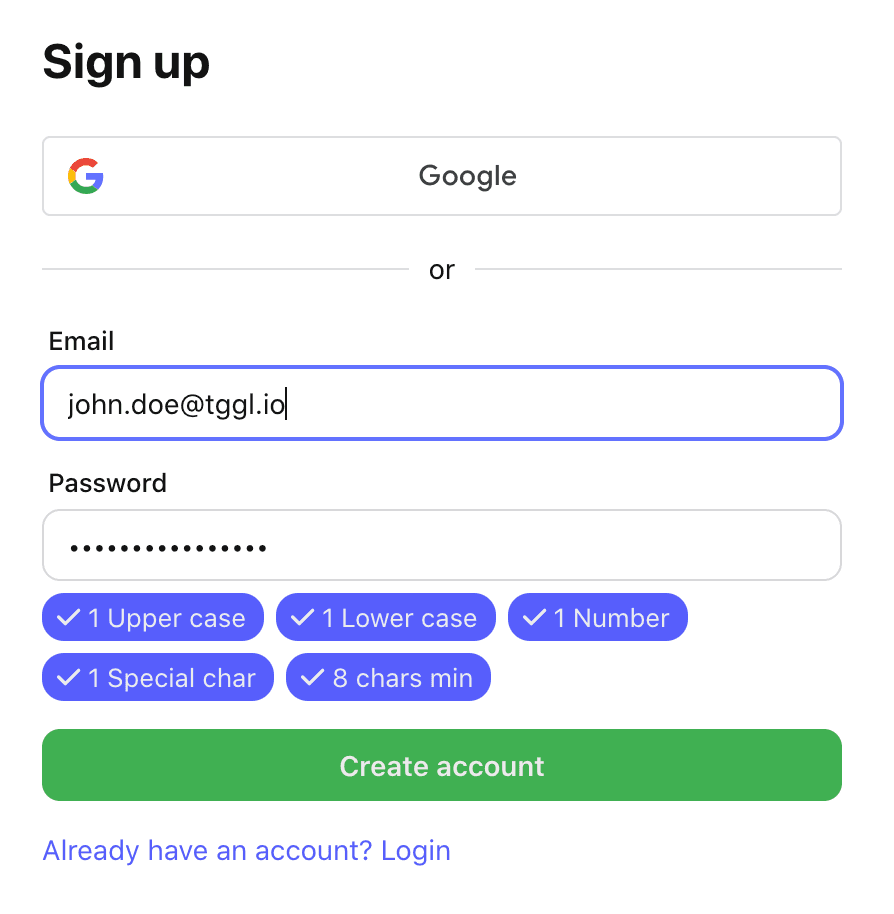 Sign up page